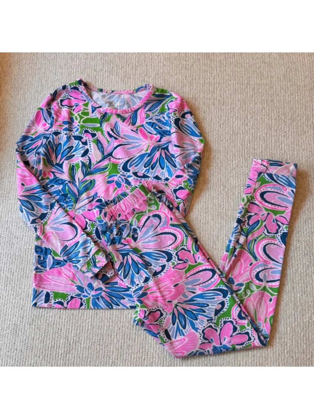 Lilly Pulitzer Girls SIze 10 Pajamas Set Gecko Green Tiger Sunrise Floral Print